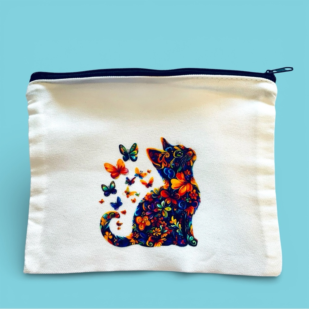 Canvas Cat Print Zipper bag - Cream with Colorful Cat Design.  Handmade